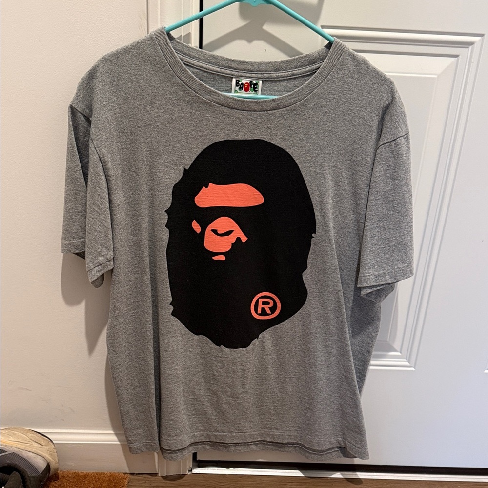 BAPE Gray Short Sleeve Tee with Black/Orange Big Ape Head